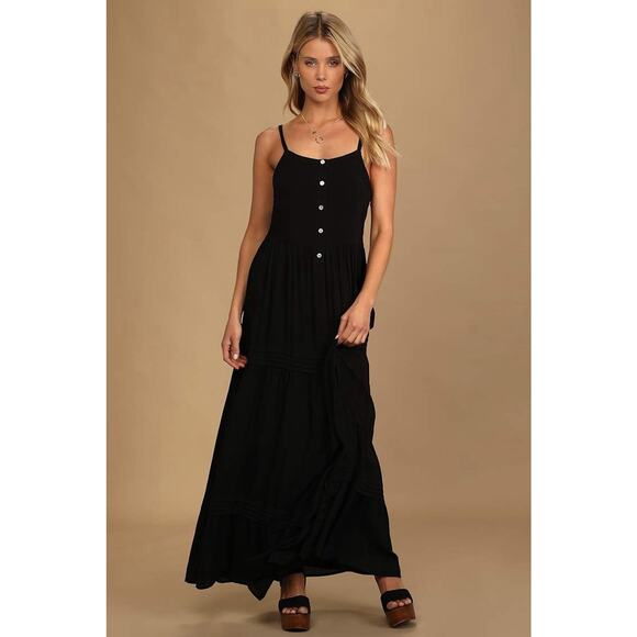 Lulus Favorite of the Day Tiered Maxi Dress Women XL Lined Black Boho Beach - Picture 1 of 11